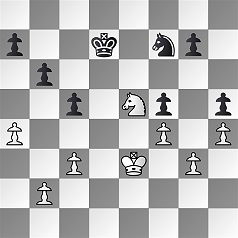 Diagramm.
Weiß: Ke3, Se5, Bb2, Bc3, Bg3, Ba4, Bf4, Bh4.
Schwarz: Kd7, Sf7, Ba7, Bg7, Bb6, Bc5, Bf5, Bh5.
Schwarz am Zug.