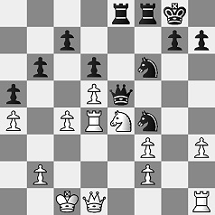 Diagramm.
					Weiß: Kc1, Dd1, Th1, Td4, Sc3, Bb2, Bf2, Bf3, Bh3, Ba4, Bc4, Bd5.
					Schwarz: Kg8, De5, Te8, Tf8, Sf6, Sf4, Bc7, Bg7, Bh7, Bb6, Bd6, Ba5.
					Schwarz am Zug.