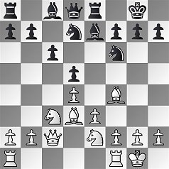 Diagramm.
					Weiß: Kg1, Dc2, Ta1, Tf1, Ld3, Lf4, Se2, Sc3, Ba2, Bb2, Bf2, Bg2, Bh2, Be3, Bd4.
					Schwarz: Kg8, Dd8, Ta8, Te8, Lc8, Le7, Sd7, Sf6, Ba7, Bb7, Bf7, Bg7, Bh7, Bc6, Bd5.
					Weiß am Zug.