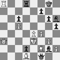 Diagramm.
					Weiß: Ke3, Da3, Ta8, Ld1, Lf2, Bh2, Bg3, Bf4, Be4, Bc5.
					Schwarz: Kg8, Df1, Td8, Lg2, Lh6, Bd2, Bh5, Bc6, Bg6, Bf7.
					Schwarz am Zug.
