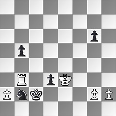 Diagramm.
					Weiß: Ke3, Tb3, Ba2, Bg2, Bh2.
					Schwarz: Kc2, Sb2, Bd3, Bb5, Bg6.
					Schwarz am Zug.