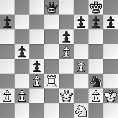 Diagramm.
Weiß: Kh2, De2, Td3, Sf1, Ba2, Bb2, Bg2, Bc3, Bf4, Be5.
Schwarz: Kg8, Dd8, Sg3, Ba7, Bf7, Bg7, Bh7, Be6, Bb5, Bc4.
Schwarz am Zug.
